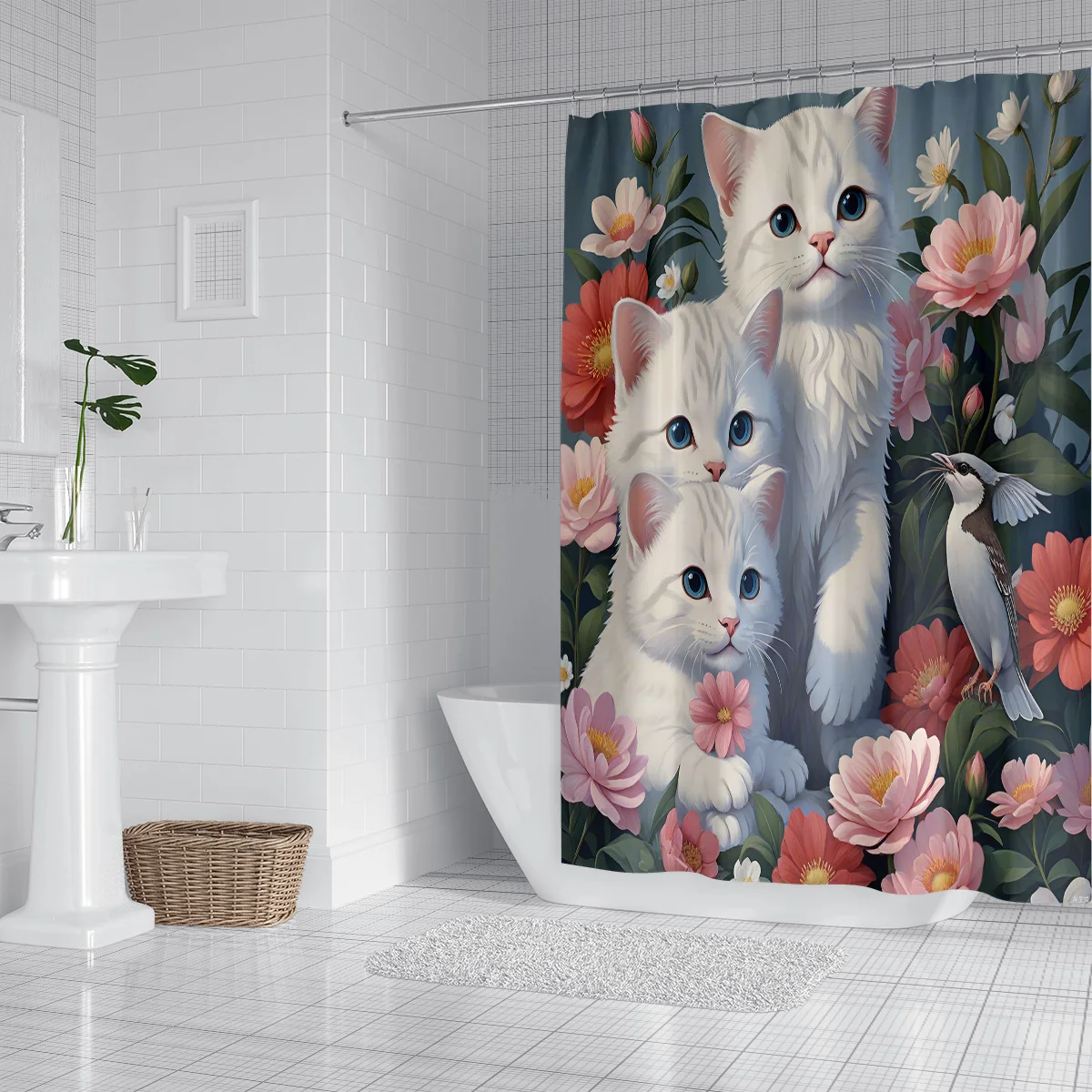 1PC Cute Kitten Series Pattern Shower Curtain,3D Embossed Washable Waterproof Shower Curtain,12 hooks,Family Bathroom Decoration