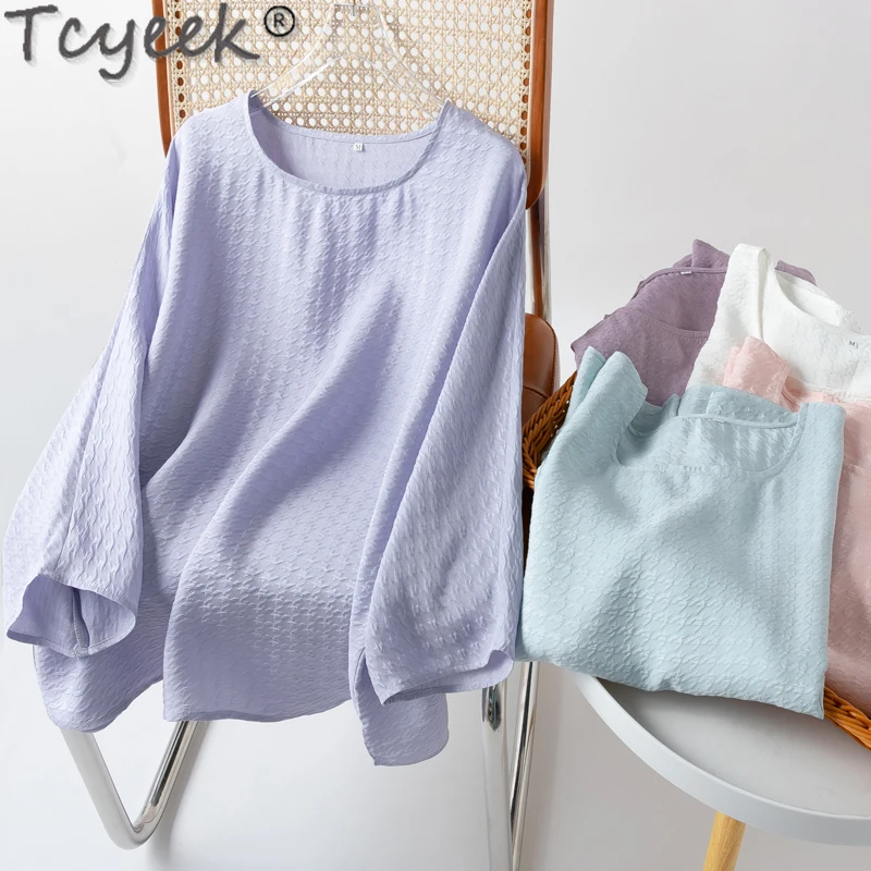 Tcyeek 20mm Real Mulberry Silk Blouses for Women Spring Summer Elegant Women's Blouse 2024 100% Real Silk Top Female Loose Fit