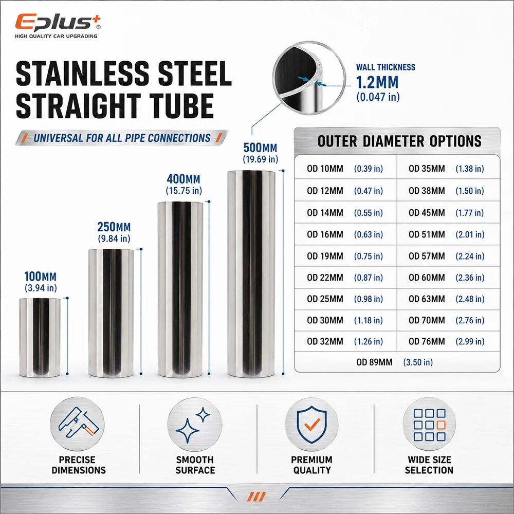 Length 100-500mm 304 Stainless Steel Straight Pipe 1.2mm Thick Universal Round Tube OD 10-89mm for Connections Metal Tube