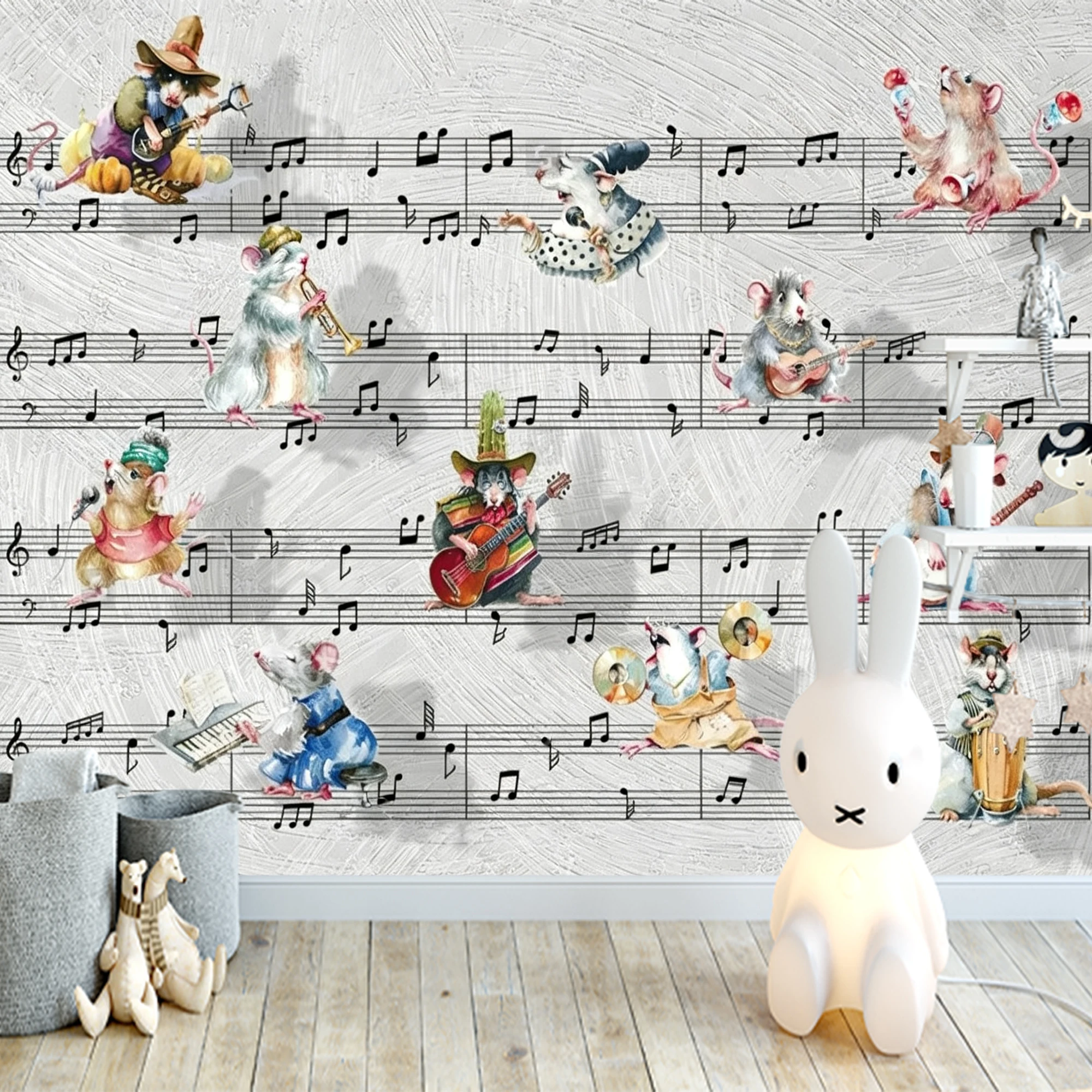 Custom Mural Wallpaper Kids Music Mouse Band Peel And Stick Wall Musical Notes Cartoon Animal For Nursery Bedroom Home Decor