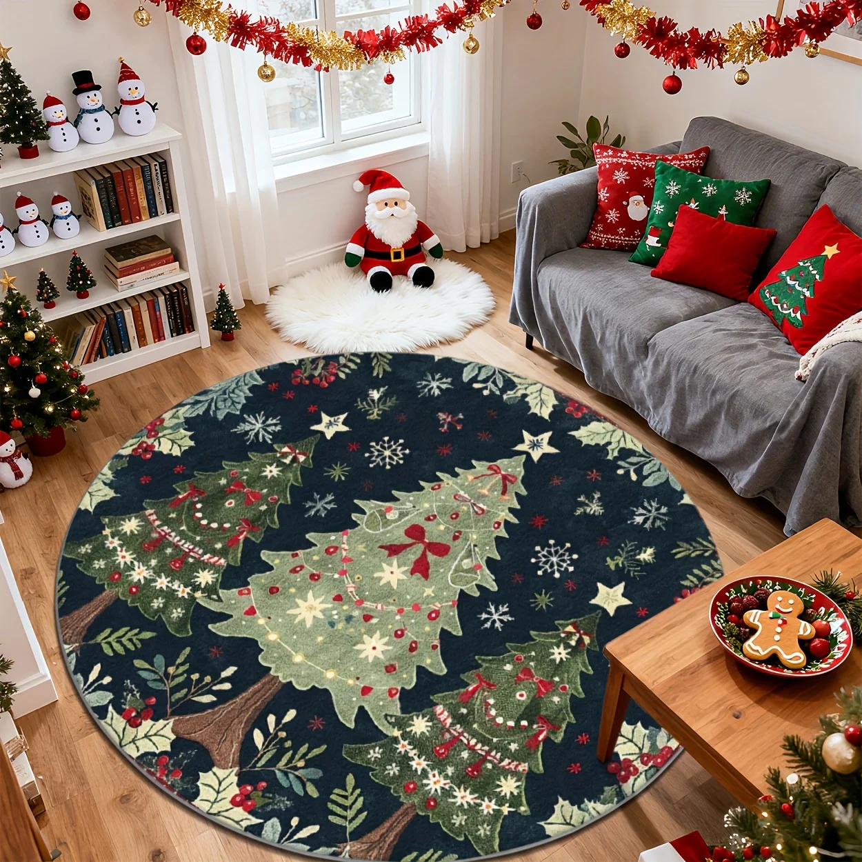 Dark Green Pine Tree Snowflake Carpet For Nordic Style Home Minimalist Winter Vibe Modern Decor Round Rug