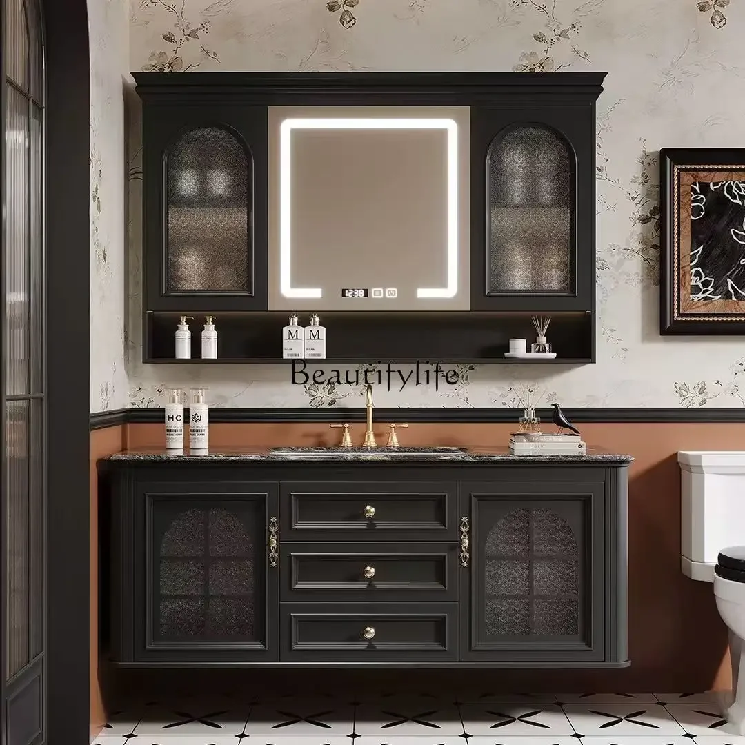 

ls 42Oak French retro bathroom cabinet combination rock slab hot bending integrated basin