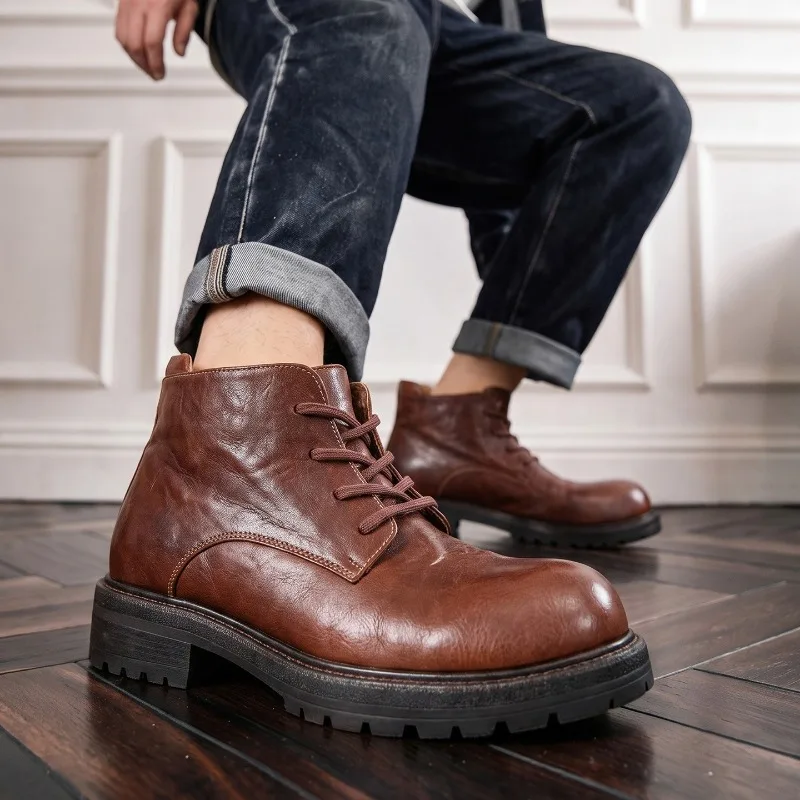 Luxury Handmade Mens Ankle Boots Genuine Leather 2026 Autumn New Platform Fashion Retro Round Toe Laces Up Oxfords Shoes Man