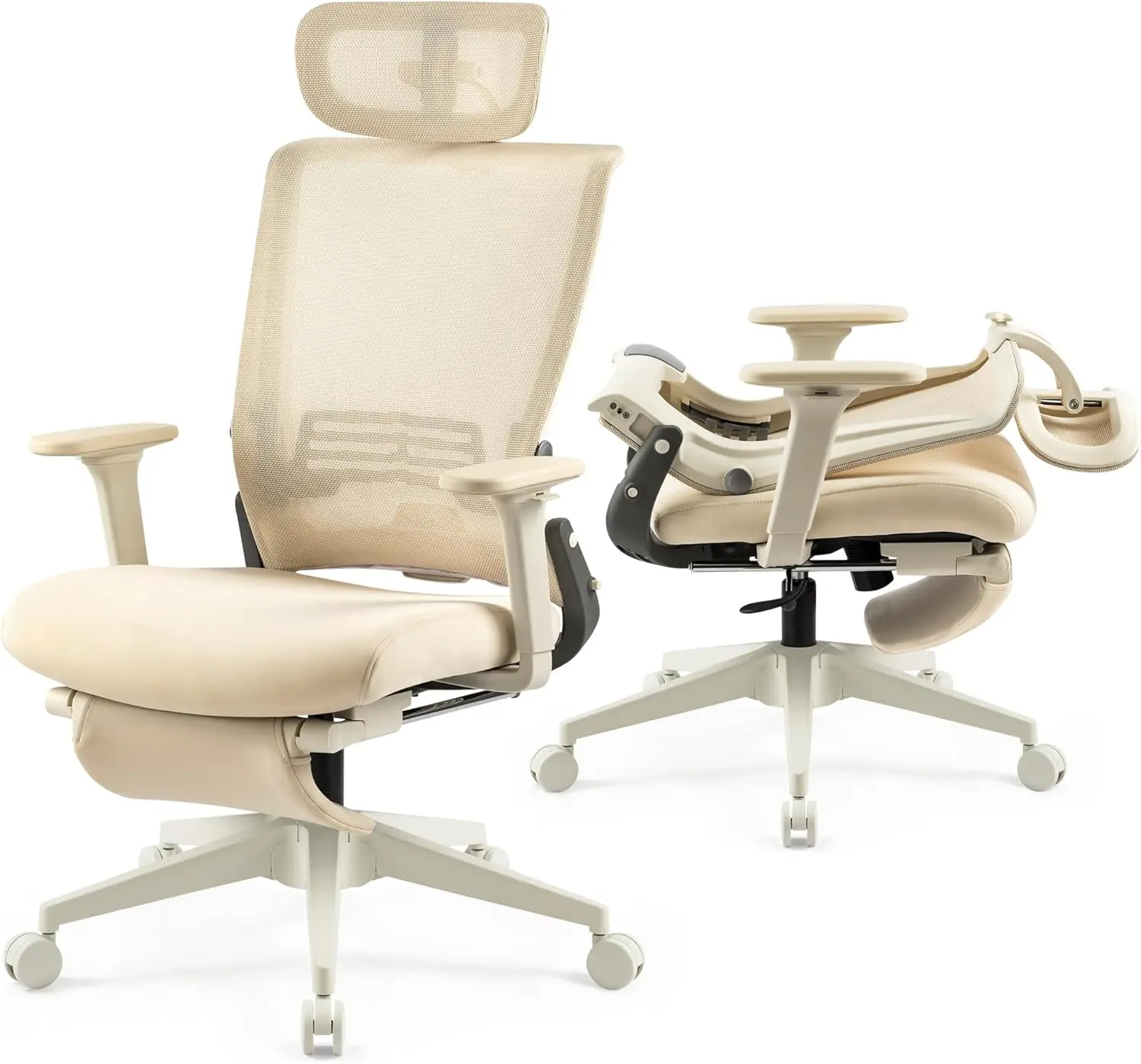 Foldable Office Chair with Foot Rest, Ergonomic Office Chair with Adjustable Lumbar Support, Home Office Desk Chair Cream