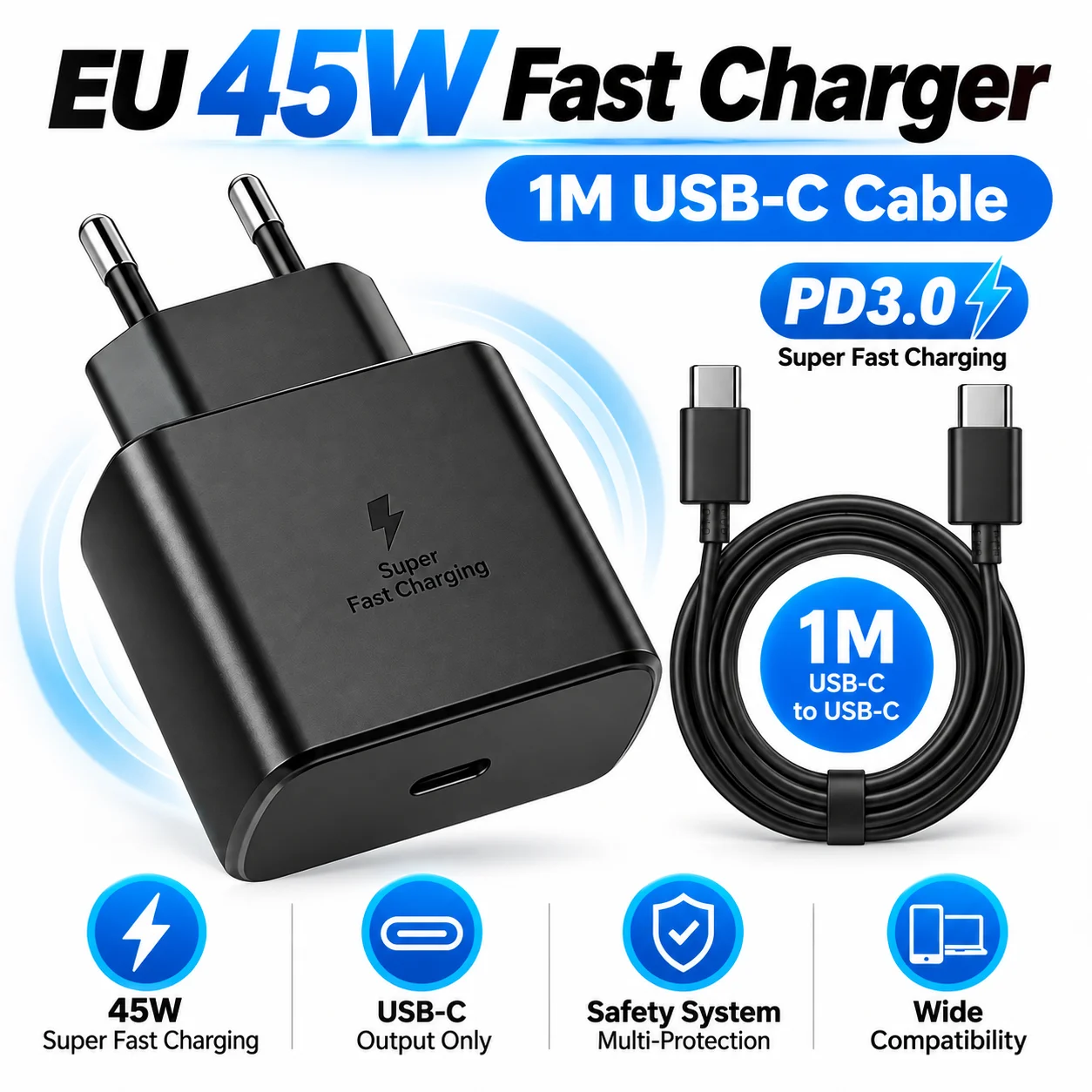 45W PD Quick Charger USB C Wall Adapter for Samsung Galaxy S23 S22 Ultra Note 10 Plus 5G Type C Mobile Phone Fast Charging