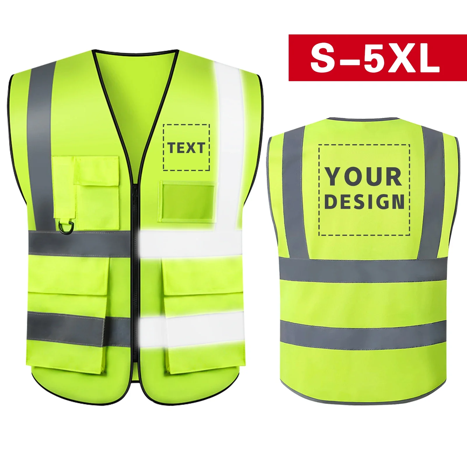 S-5XL Veiligheidsvest met aangepast logo Reflecterend vest met zakken en ritssluiting Hoge zichtbaarheid constructievest Werkkleding