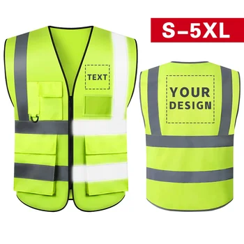 S-5XL Özel LOGO Güvenlik Yeleği Cepli ve Fermuarlı Reflektif Yelek Yüksek Görünürlük İnşaat Yeleği İş Kıyafeti