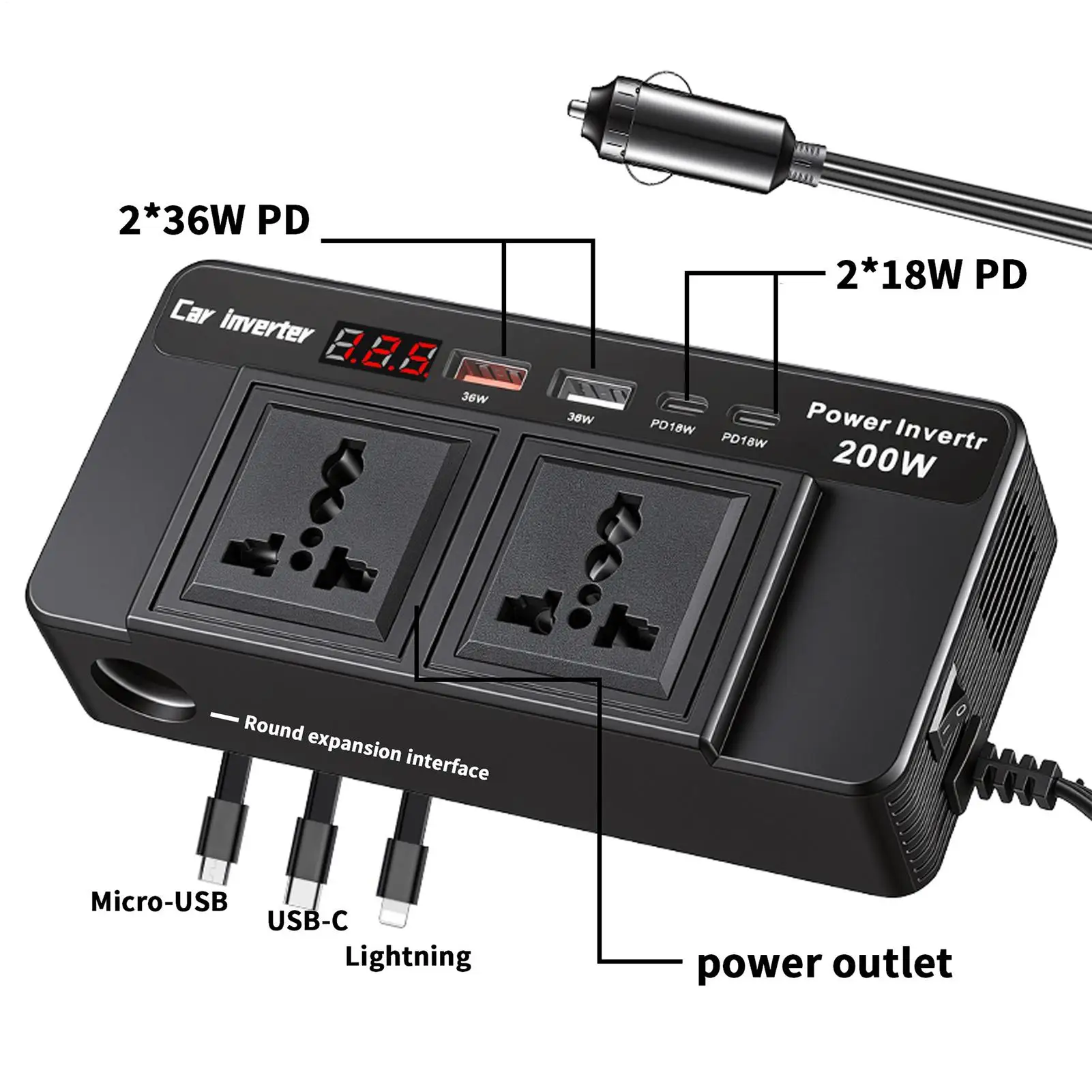 

Инверторы для автомобилей: быстрая зарядка, преобразователь DC 12V в AC 110V, 200W, автомобильный адаптер-розетка для телефона, ноутбука, автомобиля, фургона