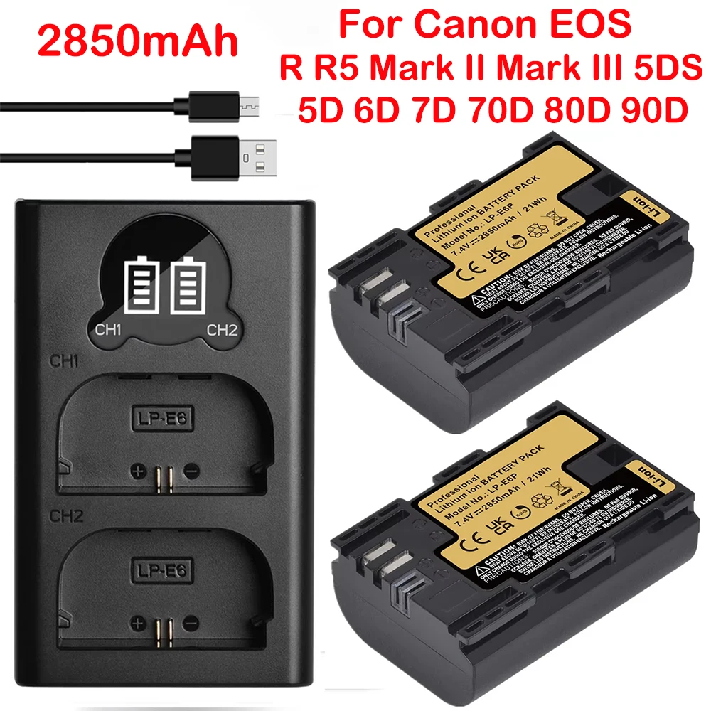 2850mAh LP-E6P LP E6P Battery With LED USB Charger For Canon EOS 5DS R 5D EOS R5 Mark II 5D Mark III 6D 7D 70D 80D 90D Battery