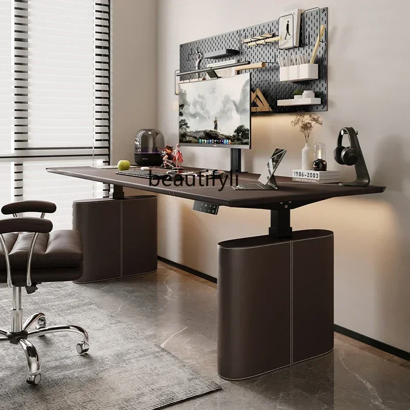 32Leather surface light luxury computer desk worktable adjustable desk intelligent electric lifting table