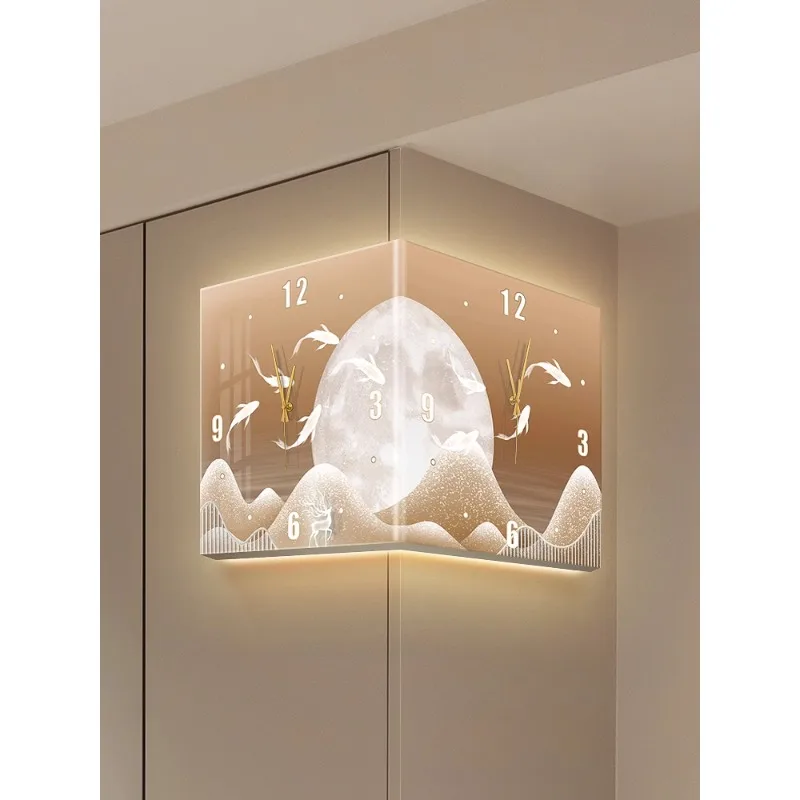 2023 new light luxury moon corner wall clock, nine fish diagram corner clock, double-sided sunny corner with clock wall decorati