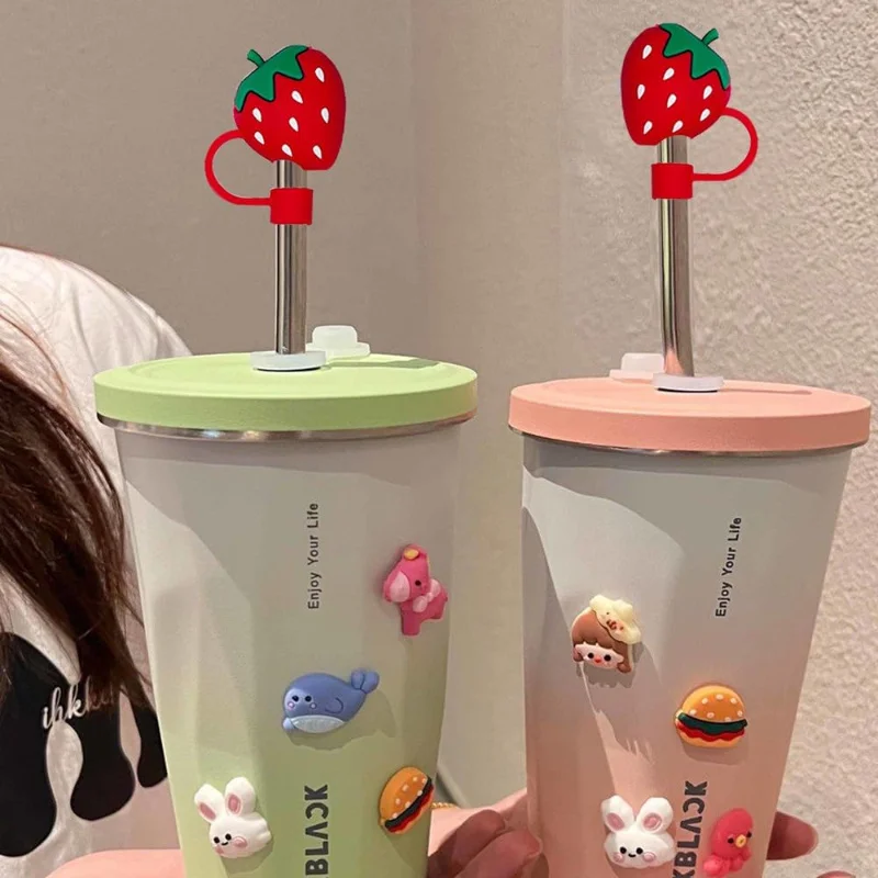 2pcs Strawberry Straw Cover Cap For Stanley Cup Accessories Cute Flower Straw Toppers For Tumblers 10mm Silicone Straw Covers view 4