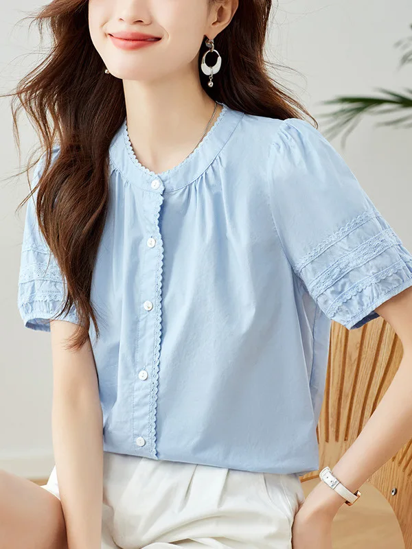 Elegant Cotton Blend Casual Style Women's Shirt round Neck Short Sleeve Loose Fit Slimming Top Summer New Design Pure Cotton