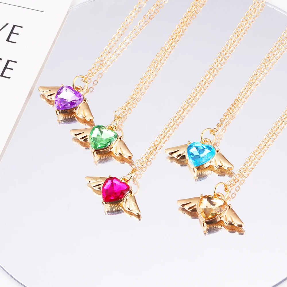 

Sweet 12 Colors Shiny Crystal Heart With Wings Pendant Necklace Cute Necklace Jewelry For Kids Girls Party Holiday DIY Gifts