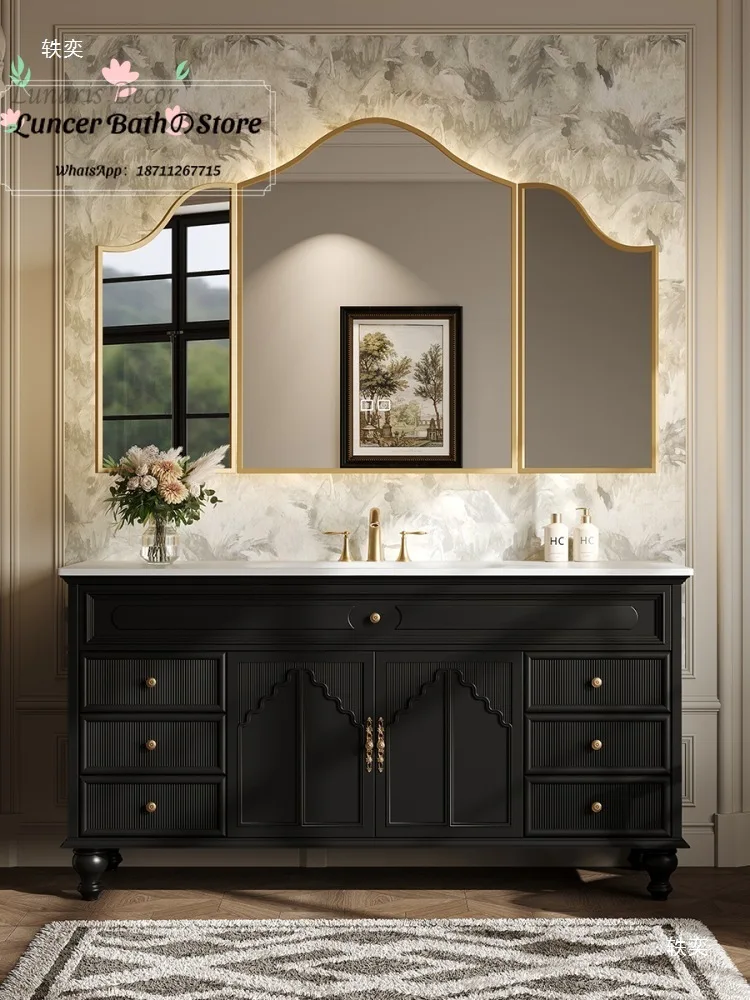 All-in-one basin frenchretro style floor-standing rubber wood 70% off stacked mirror bathroom cabinet