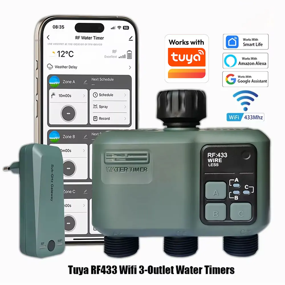 2025 Tuya Wifi+RF433 Smart Garden Sprinkler Water Timer by 3 Way Rain Delay Filter Programmable Automatic Irrigation Controller