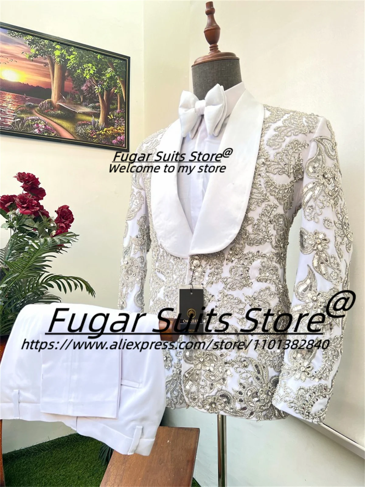 

White High-end Wedding Suits For Men Slim Fit Shawl Lapel Groom Tuxedos 2 Pcs Sets Luxuly Male Blazers traje de hombre elegante