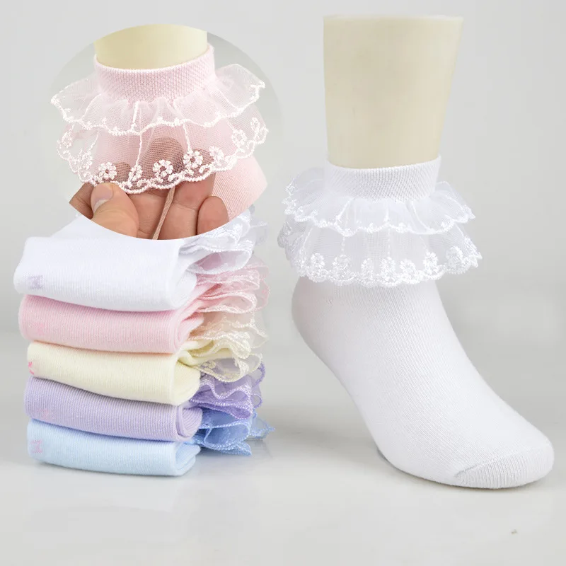 1Pairs Cotton Lace Ruffle Princess Mesh Breathable Socks Children Ankle Short Sock White Pink Blue Baby Girls Kids Toddler