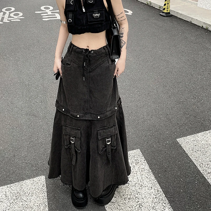 아메리칸 빈티지 롱 데님 스커트 여성 포켓 디자인 하이웨이스트 A라인 스커트 청 스커트 워싱 탈부착 데님 스커트 여성용