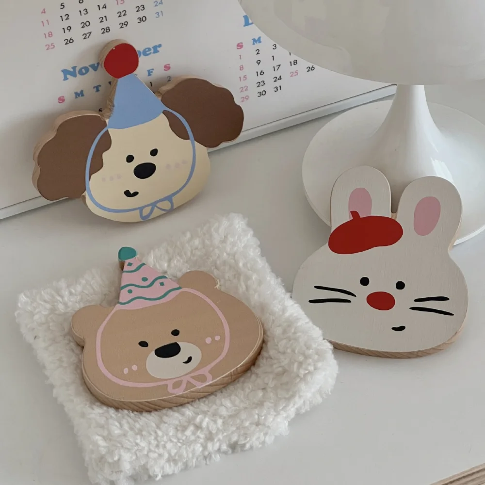 Cute pattern Handheld Mirror High Definition Wooden Cartoon Makeup Mirror Travel Animal Shape Compact Pocket Mirror Women