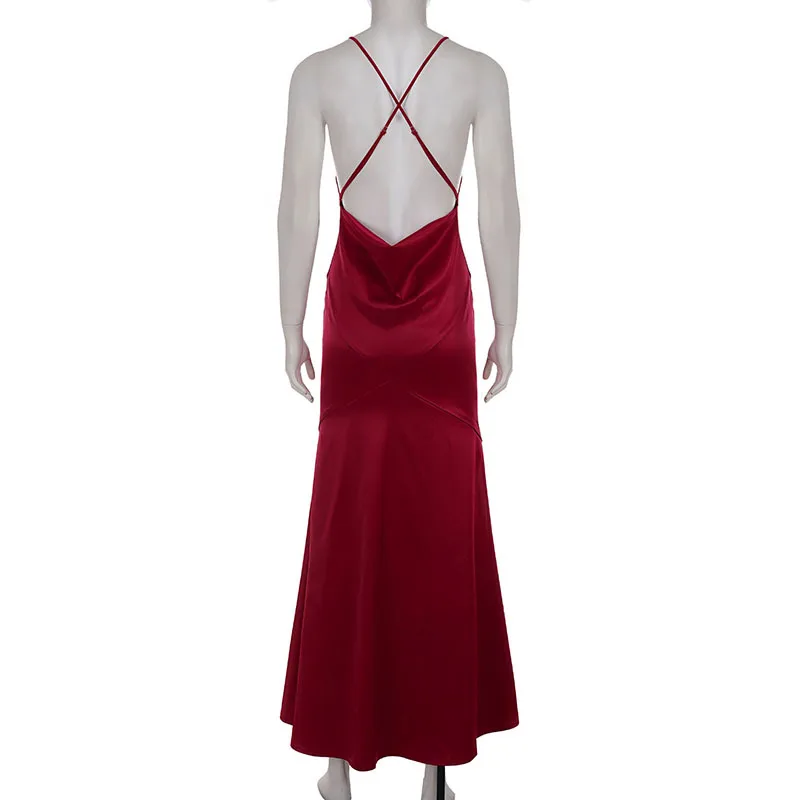 SsTss Sexy Diepe V-hals Mouwloze Avondjurk Vrouwen Elegant Satijn Criss Cross Backless Zeemeermin Jurk voor Formele Evenementen