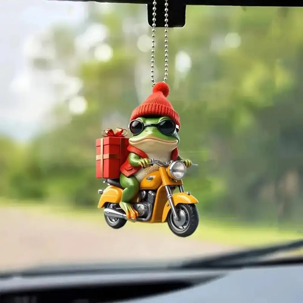 Christmas Frog Ornament Cartoon Frog with Santa Hat Riding Motorcycle Acrylic Pendant Xmas Tree Hanging Decoration for Tree Wind