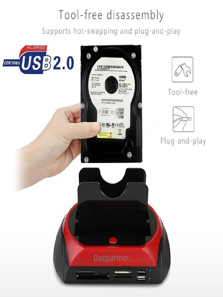 Festplatten-Dockingstation, Deepartner-EU USB 2.0 zu 2,5-Zoll und 3,5-Zoll SATA/IDE Dual-Bay externes Gehäuse mit integriertem Kartenleser und USB 2.0 Hub, kompatibel mit 2,5-Zoll IDE, SATA I/II/III