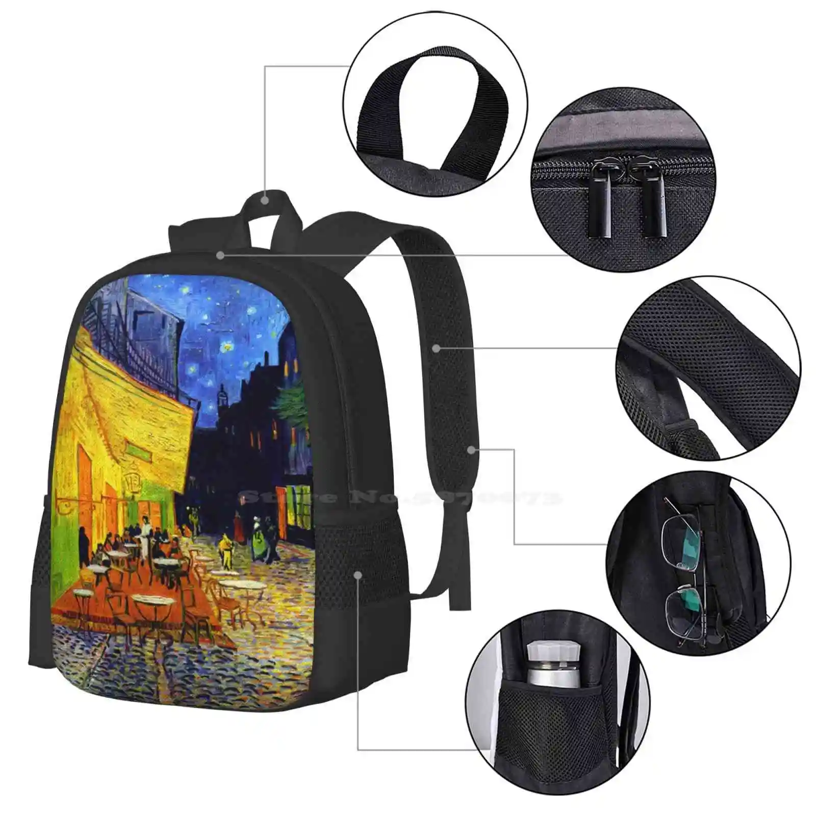 Cafe Terrace At Night-Van Gogh Hot Sale Backpack Fashion Bags Cafe Terrace At Night Fine Art France Scenic Scenery Travel