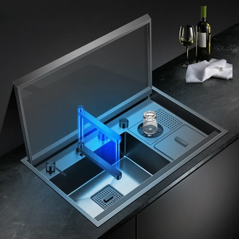 Cup Washer Black Sink with Cover Kitchen Stainless Steel Vegetable Wash Basin Invisible Nano Large Single Slot