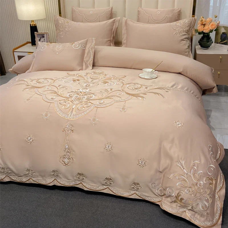 European-Style Bed Sheet Four-Piece Set 100% Cotton High-End Atmospheric Ice Silk Quilt Cover Pure Cotton Bedding Set Queen Kin