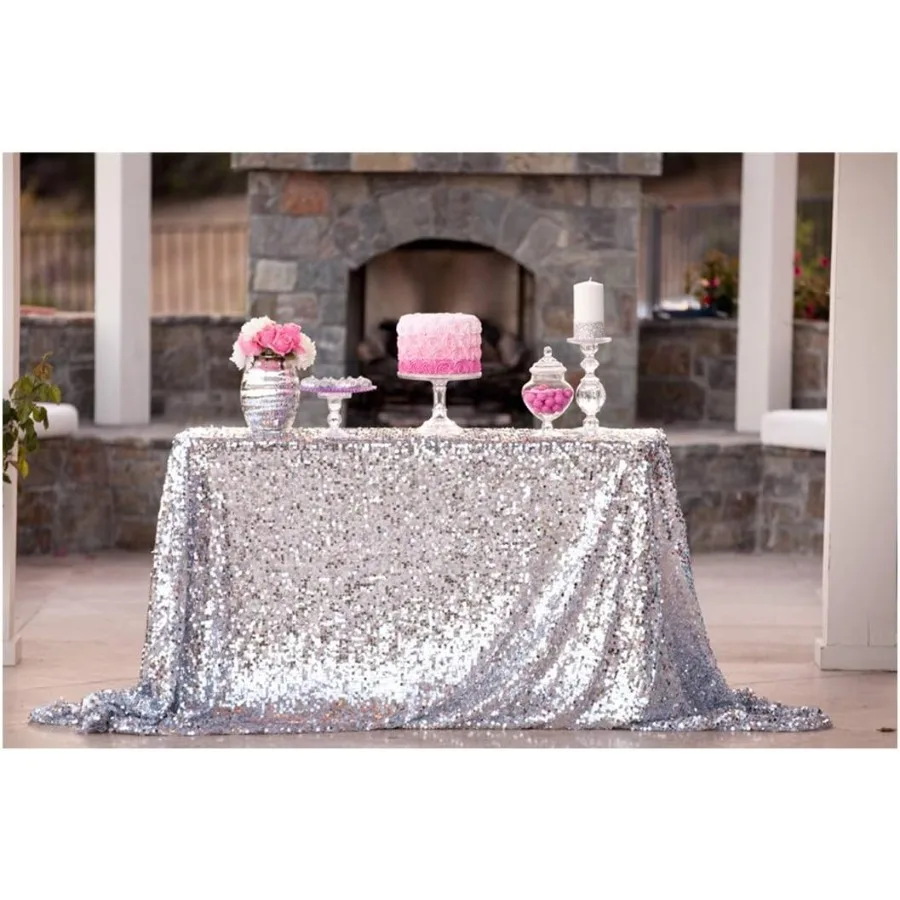 

50 x 72 дюйма серебряная скатерть с блестками для свадебных мероприятий, элегантное блестящее белье с блестками для особых случаев, блестящий торт с блестками