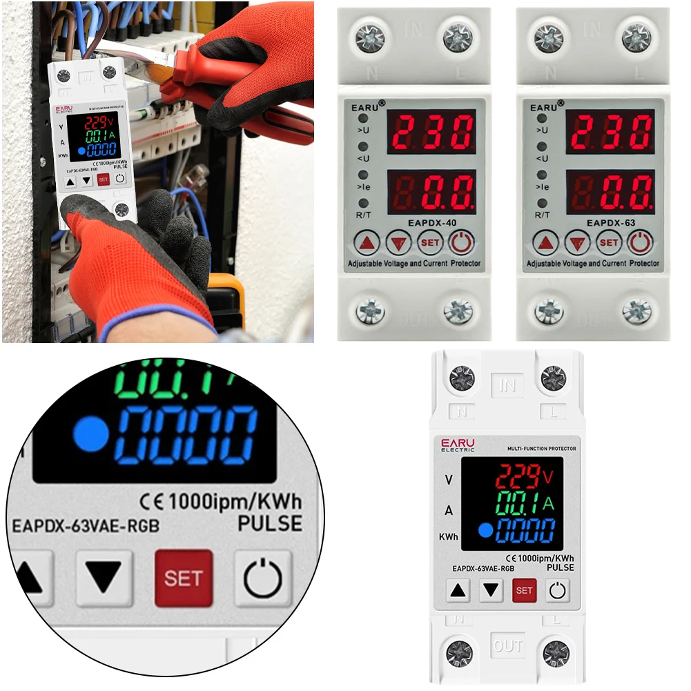 40A 63A 230V RGB Over/Under Voltage Current Protective Device Din Rail Over Current Protector Over Current Protection Limit