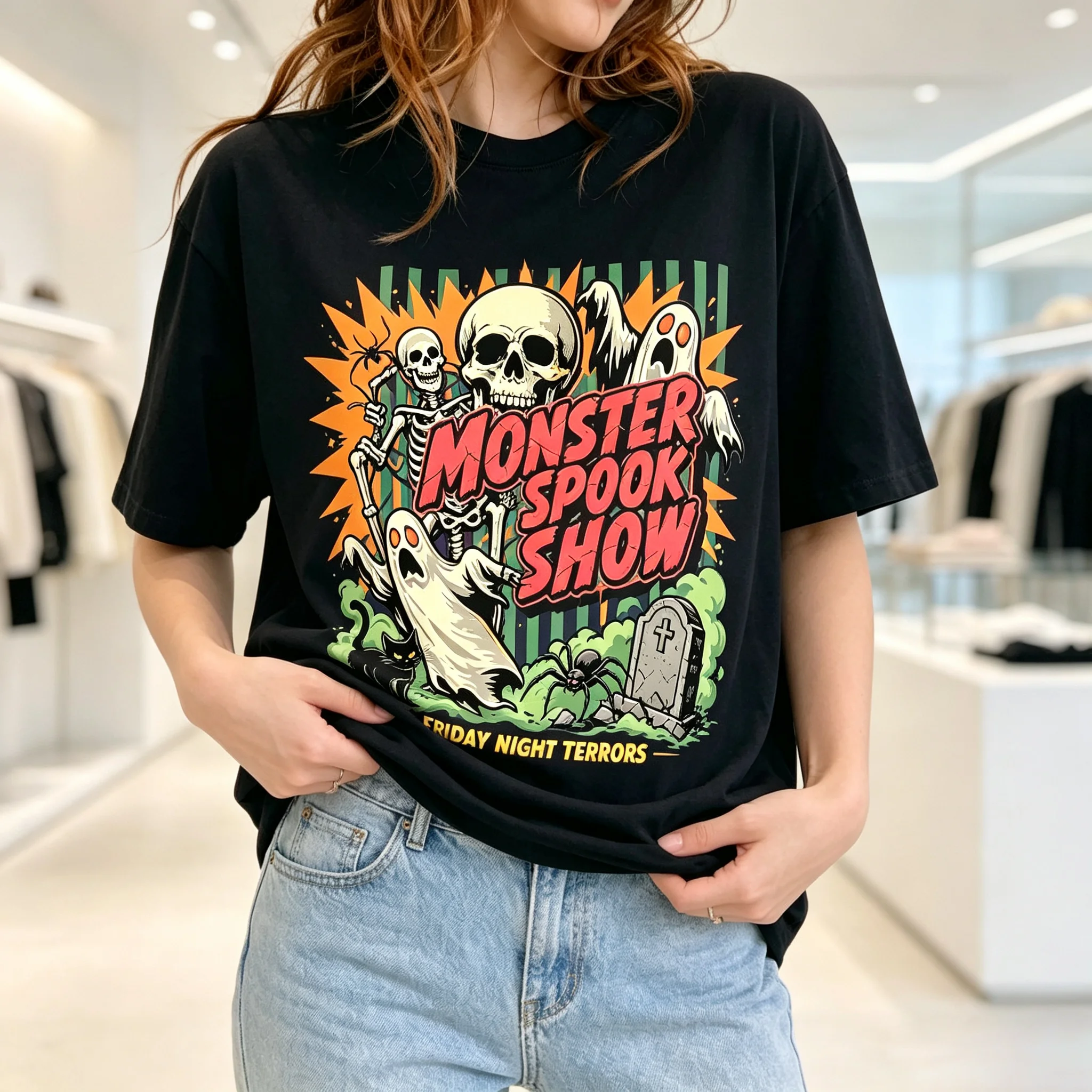 Monster Spook Show Graphic T-Shirt, Vintage Halloween Skeleton Ghost Black Cat Tombstone Retro Women Short Sleeve Tee