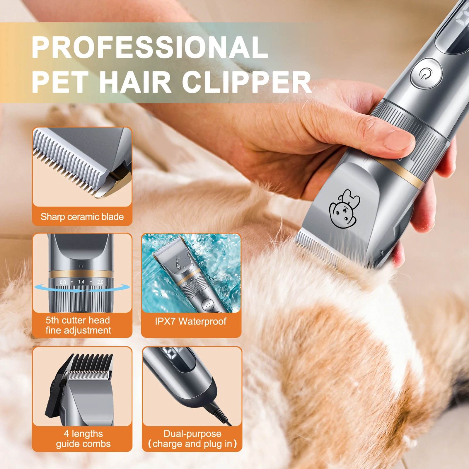 Quiet Pet Hair Clipper with Comb Cat Trimmer Grooming Kit 5 Speed Shavers Long Hair Cutter for Pet USB Waterproof