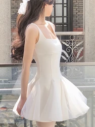 French Elegant Strap White Midi Dress Women Fairy Evening Party Dress Retro Sleeveless One Piece Mesh Mini Dress Korean Summer