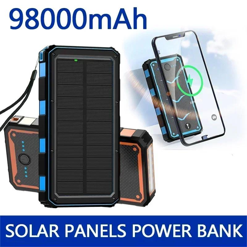 

Power Bank Беспроводная зарядка мобильного источника питания 98000 мАч с лампой для кемпинга Зарядное устройство для мобильного телефона USB-аккумулятор Солнечная панель