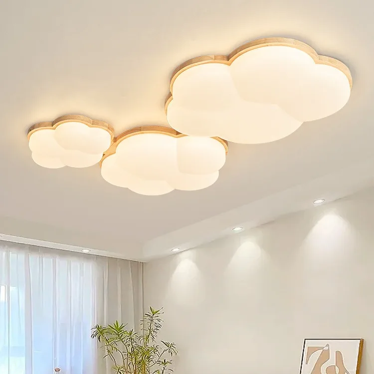 Nordic Wood Grain Flush Mount Light Minimalist Modern Cotton Ceiling Lamp for Bedroom, Warm Atmosphere Creative Lighting Fixture