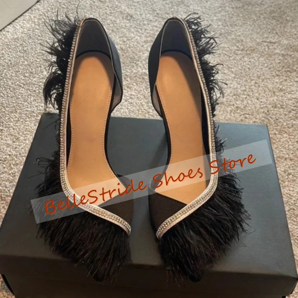 

Black Fur Decor Pointed Toe Crystal Pumps Fashion Women Shoes Stilettos High Heels Party Banquet Dating 2025 Zapatos Para Mujere