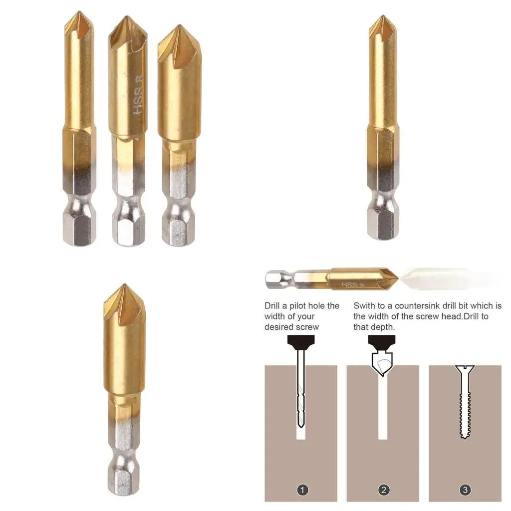 

652F 3 Pcs HSS Chamfer Countersink Chamfer Drill Bit 1/4" Shank 90 Degree