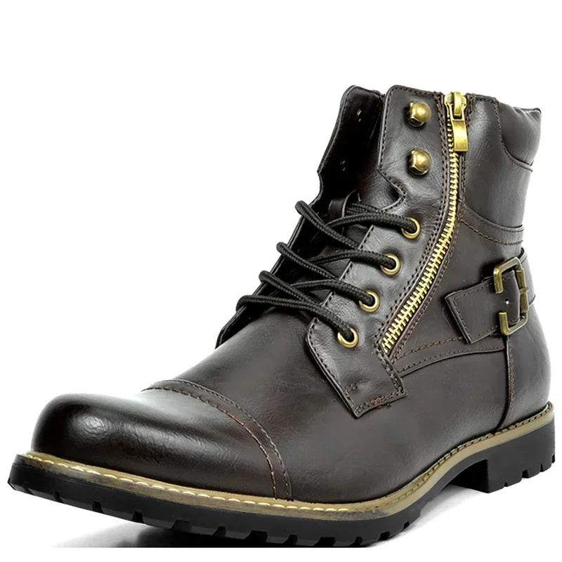 Botas de couro com zíper duplo masculino, bota de motocicleta casual, metal, sapatos masculinos