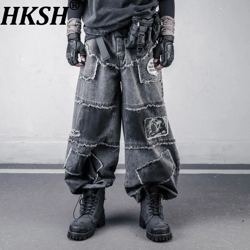 

HKSH Spring Men Tide Dark Niche Waste Land Safari Style Patchwork Denim Pants Vintage Jeans Sprayed Deconstructed Split HK21587