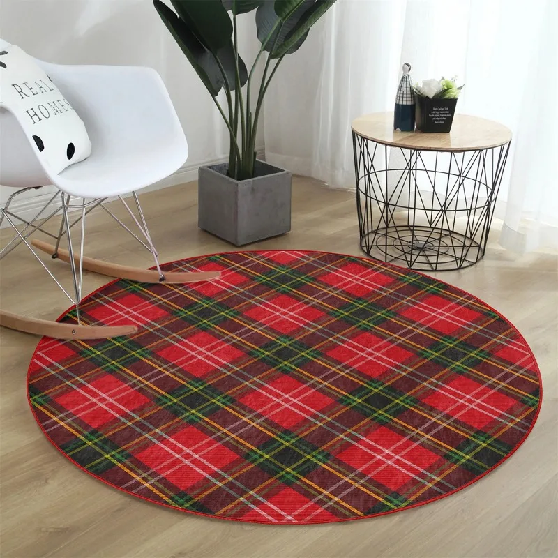 Plaid Round Rug Tartan Floor Carpet Checkered Non Slip Circle Rugs Checked Area Rugs Red Round Rug For Bedroom Decoration