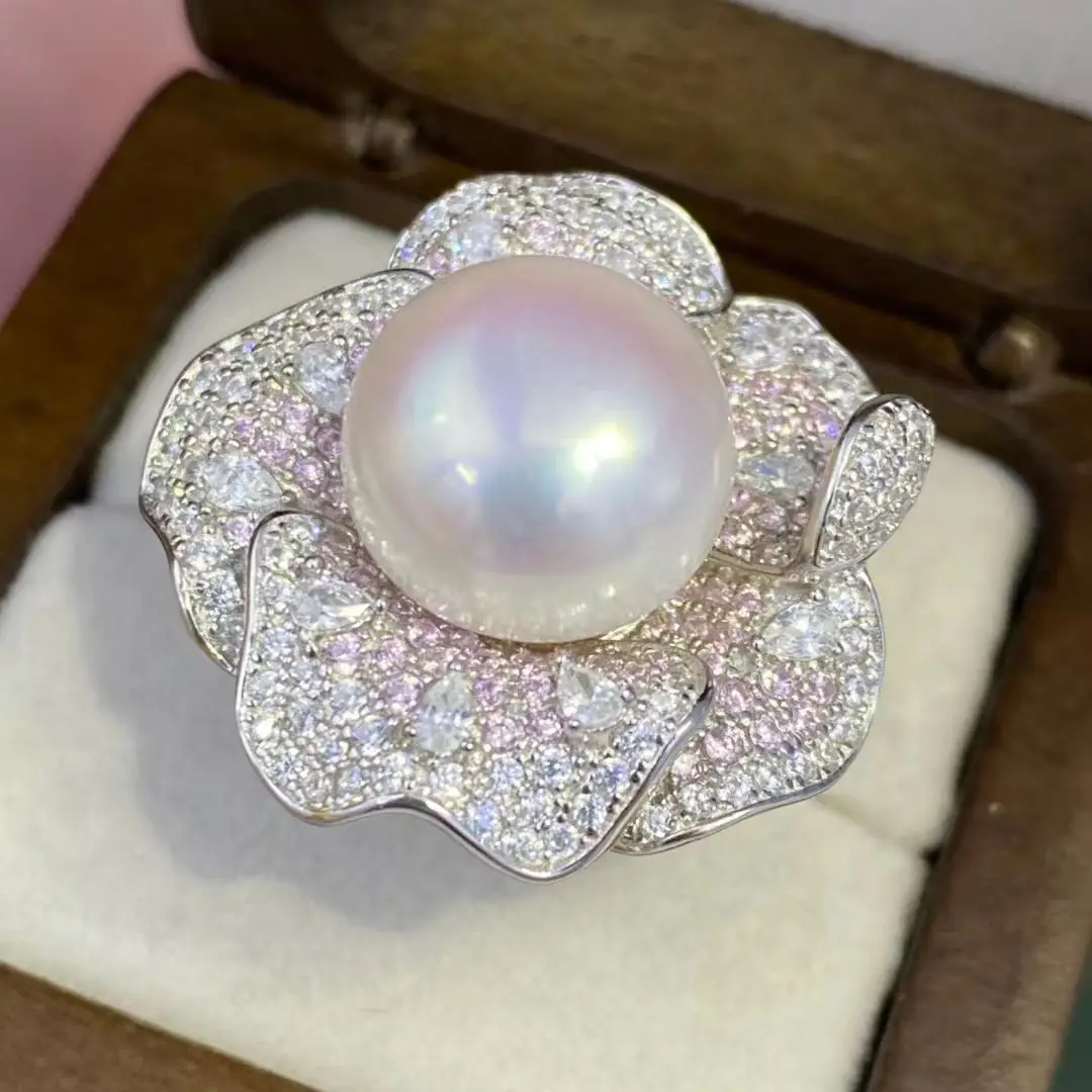 Flower Shape S925 Sterling Silver Adjustable Ring Mount Settings Findings Mountings Parts for 13-14mm Pearls 5pcs/lot