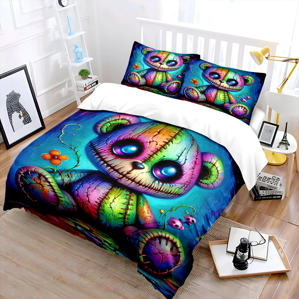 Colorful stitched doll with flowers print Bedding Set for Kids Luxury Gift 3pcs Digital Print Comforter Set Soft Comfortable