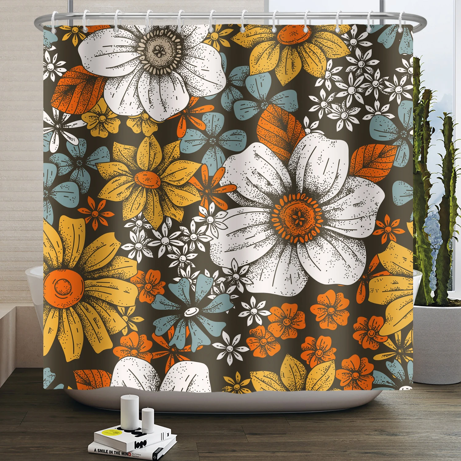 Boho Floral Shower Curtain Flower Tropical Leaves Bathroom Curtain Polyester Fabric Waterproof Bathtub Screen with Hooks 180x200