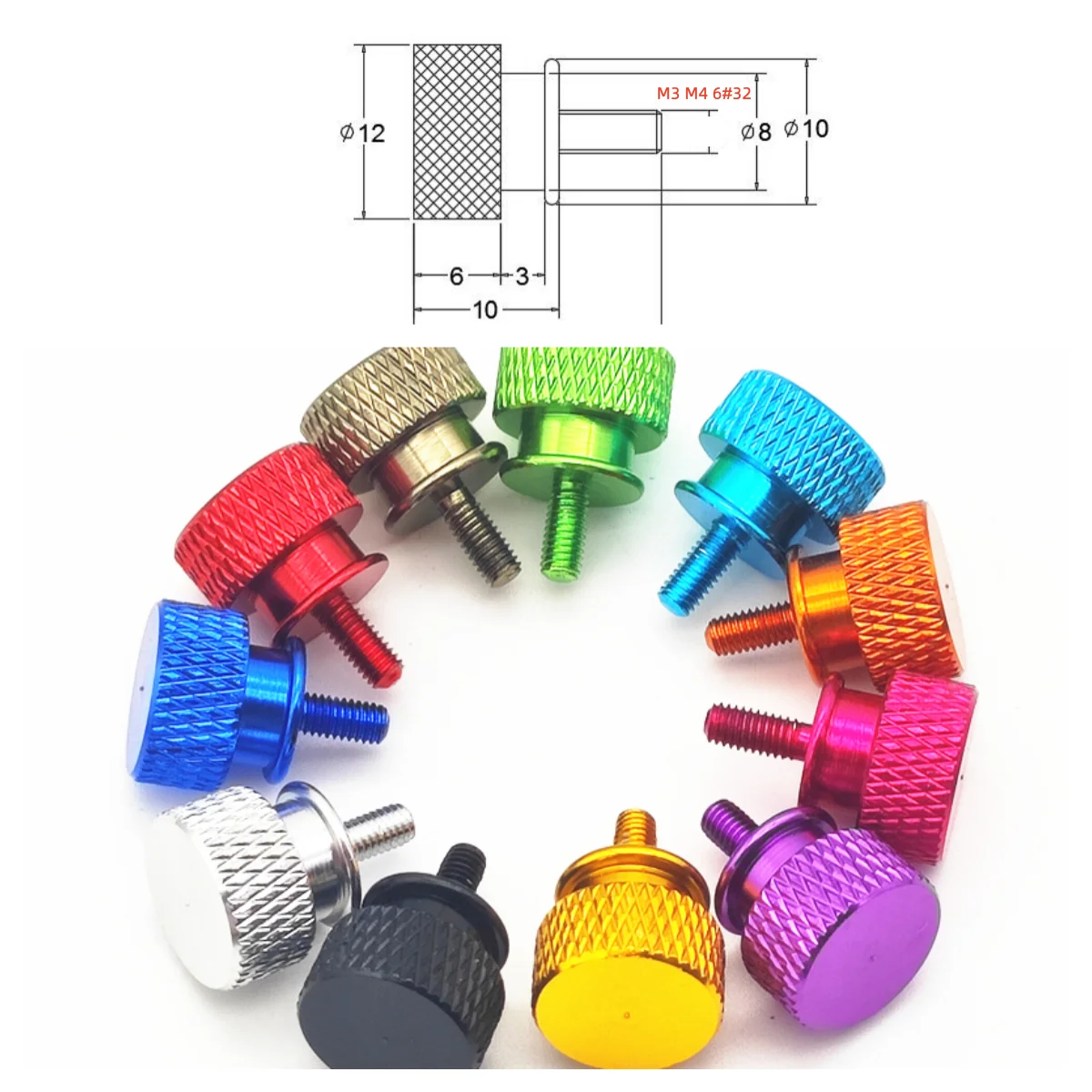 10pcs M3/M4/ 6#32*6.7mm 11 Colors Anodized Aluminum Alloy Knurled Thumb Screws for Computer Case Hand Screw