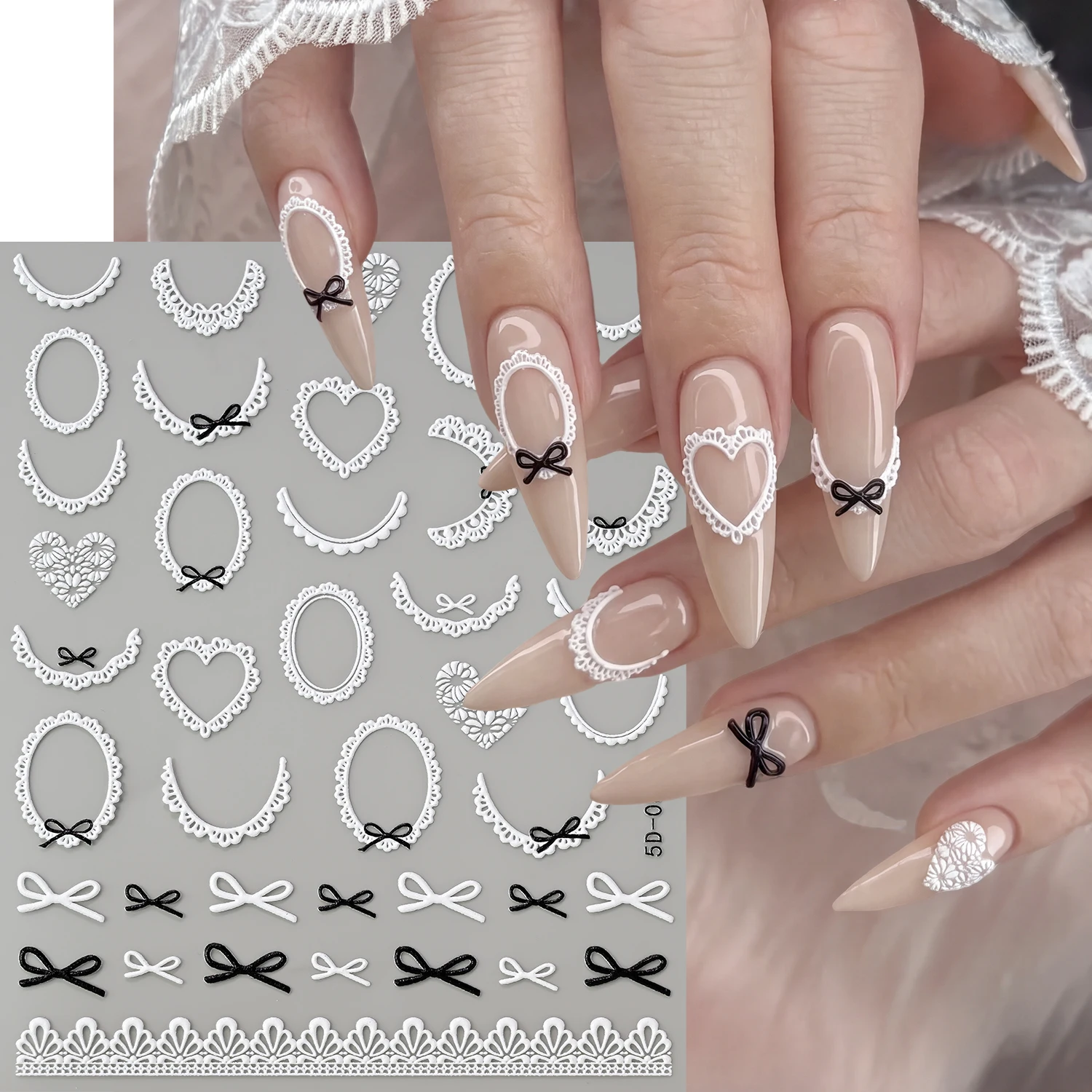 1PCS 5D Embossed Lace Nail Stickers White Hollow Lace Frame & Black Bowknot Heart Nail Decals Daily Wear DIY Manicure Supplies *