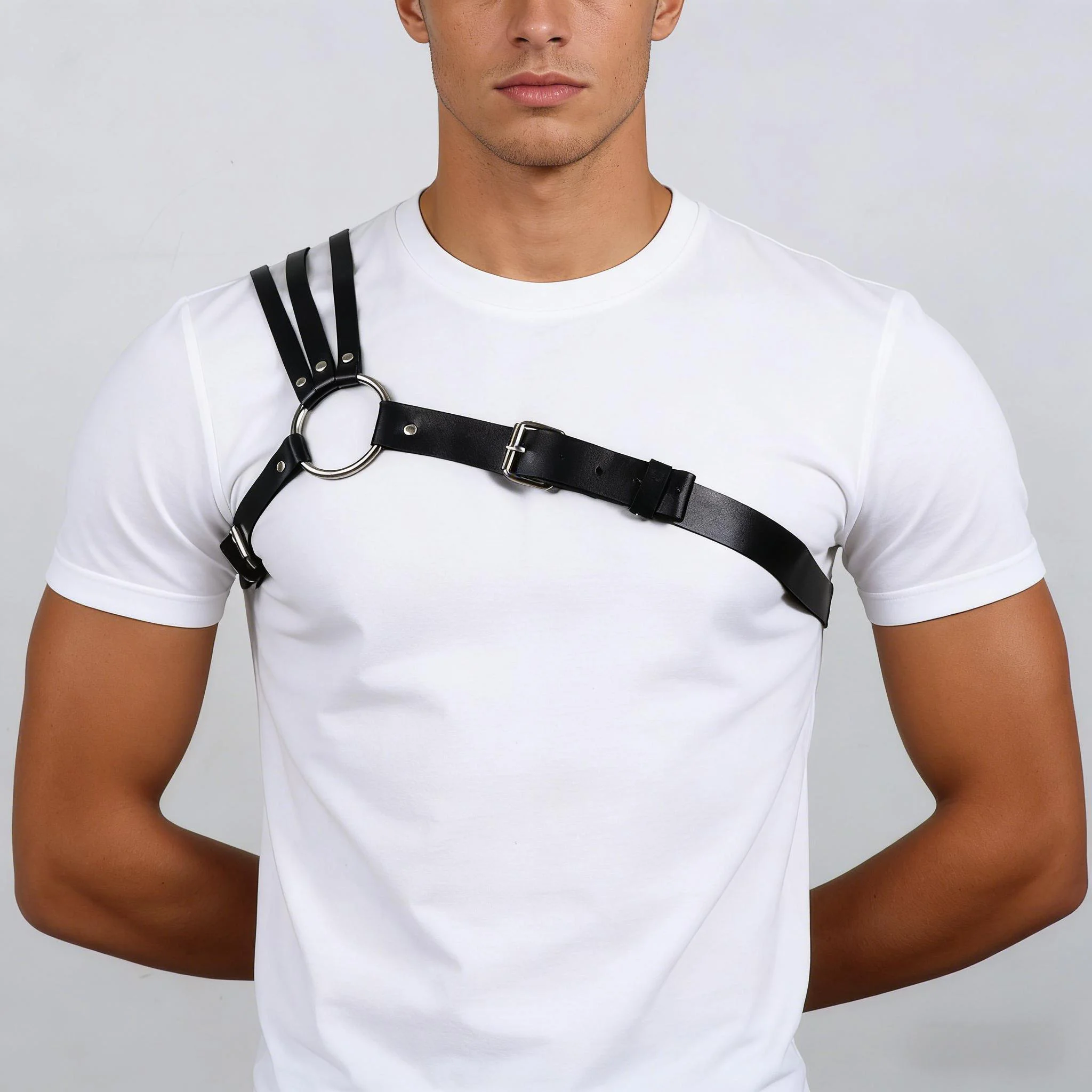 Men's Faux Leather Harness Punk Adjustable PU Leather Body Chest Harness with Buckle Strap for Club Wear Costume