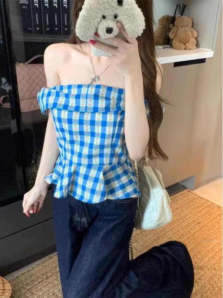 

Новинка лета 2025: женский топ на одно плечо в клетку с цветочным принтом, сладкий и пикантный, повседневный, приталенный, с оборками по низу, средней длины