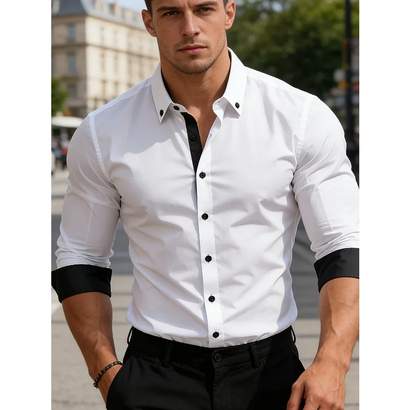 FGKKS Men Shirt Brand New High Street Patchwork Long Sleeve Smart Casual Micro Elastic Man Business Dress Shirts